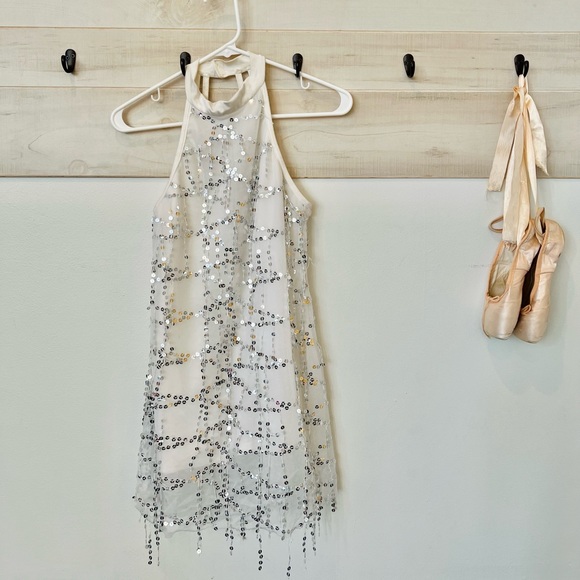 Revolution Dancewear Jazz tap recital tunic, white silver sequins. Size MA. - Picture 2 of 8